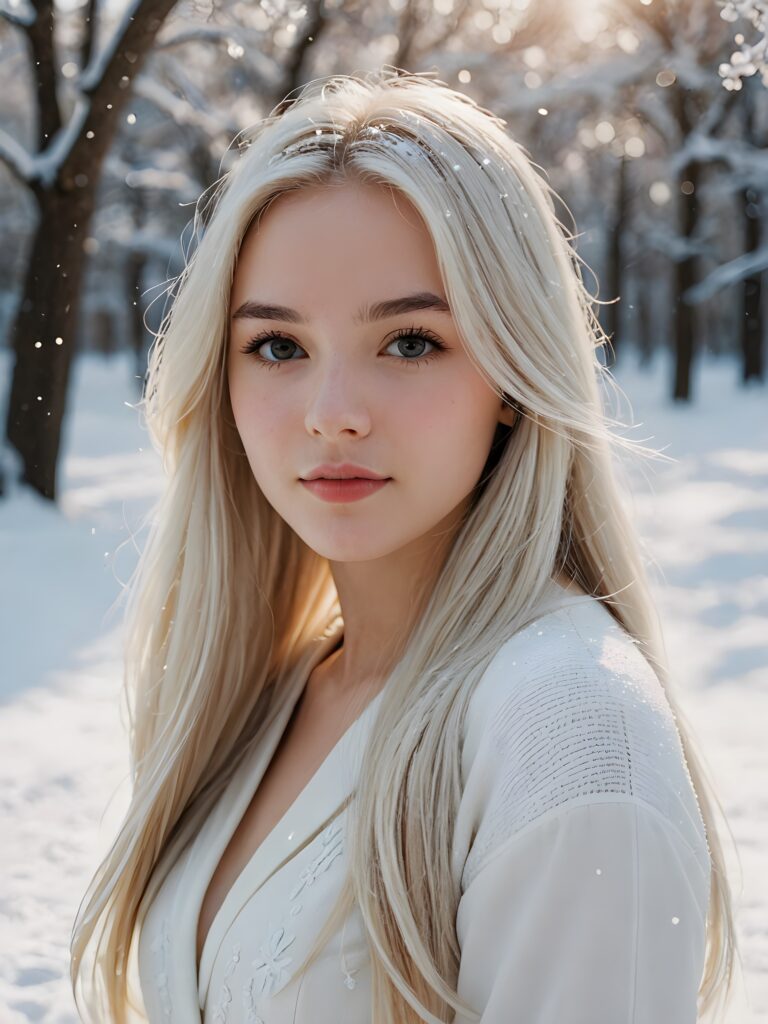 a girl with white soft long straight hair, white dressed, in snow