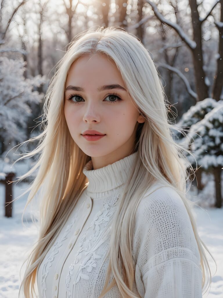 a girl with white soft long straight hair, white dressed, in snow