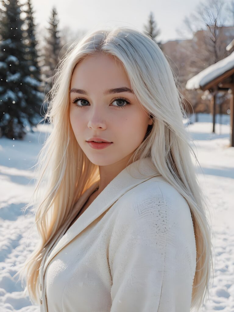 a girl with white soft long straight hair, white dressed, in snow