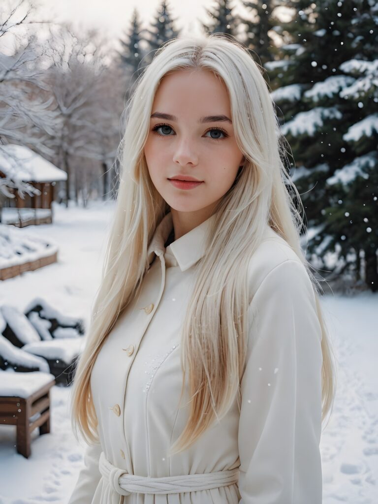 a girl with white soft long straight hair, white dressed, in snow