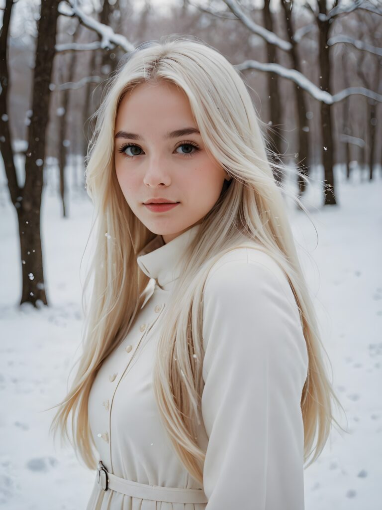 a girl with white soft long straight hair, white dressed, in snow