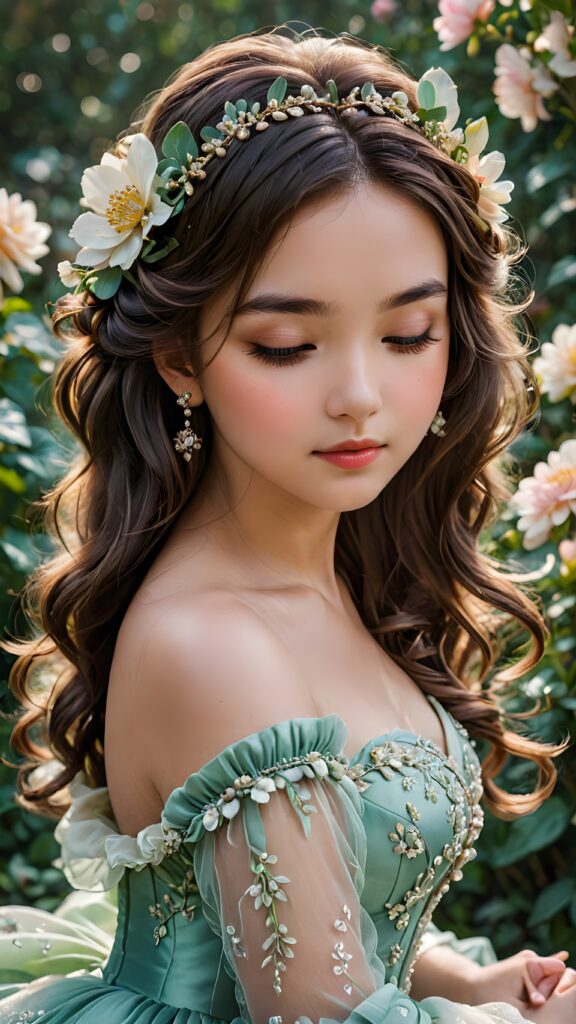 a (((girls's face))), her eyes closed and head tilted, as if in calm contemplation, her features relaxed and at ease, evoking a sense of tranquility and elegance, beautiful, with a ball gown made of flowers, her hair curled around her shoulder, magical, whimsical, perfect, sweet, gentle, loving, kind, revealing, demure