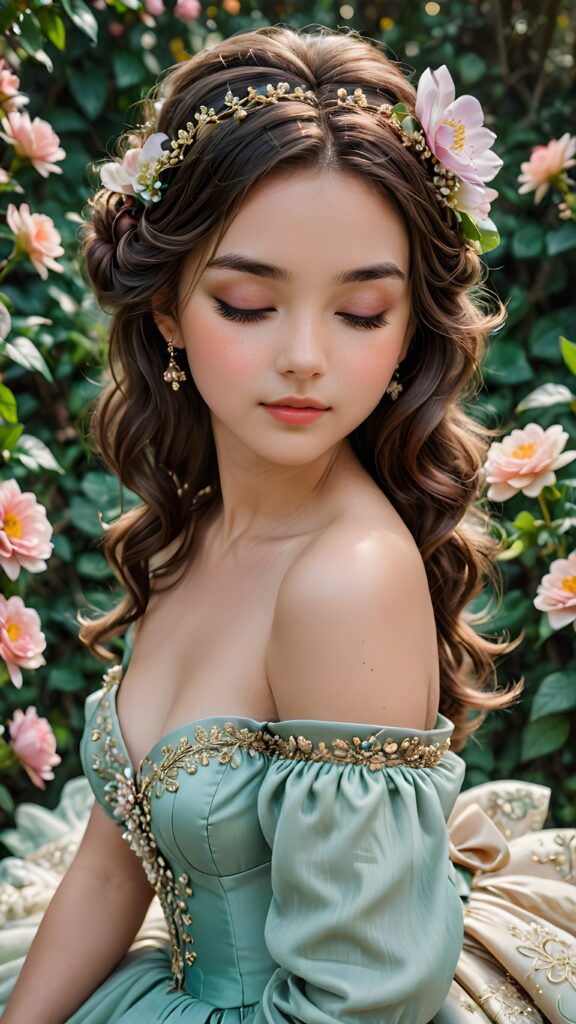 a (((girls's face))), her eyes closed and head tilted, as if in calm contemplation, her features relaxed and at ease, evoking a sense of tranquility and elegance, beautiful, with a ball gown made of flowers, her hair curled around her shoulder, magical, whimsical, perfect, sweet, gentle, loving, kind, revealing, demure