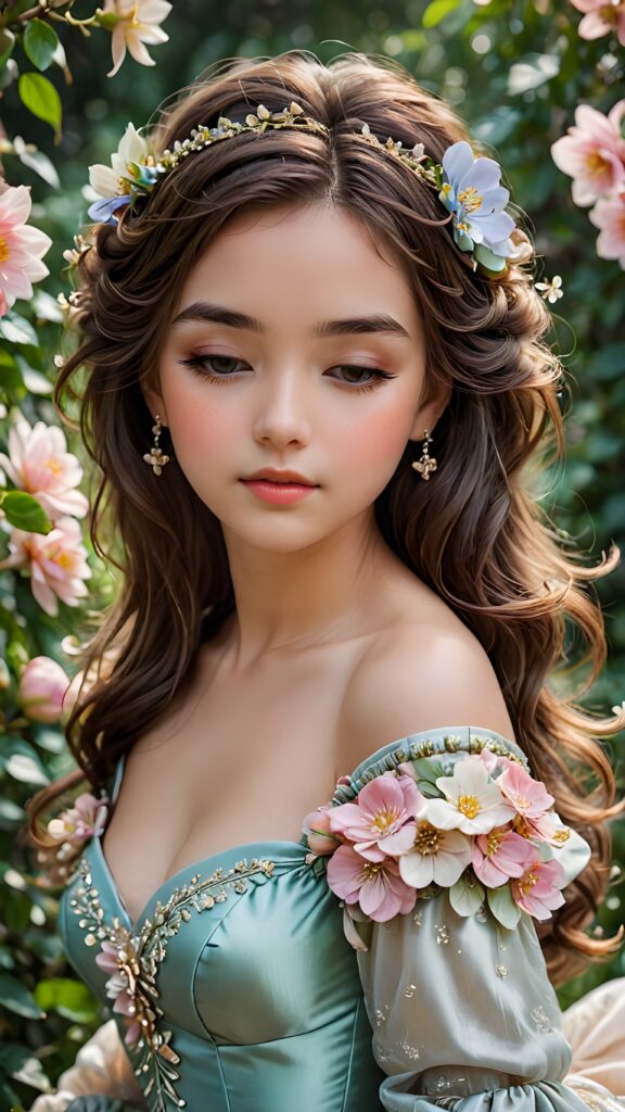 a (((girls's face))), her eyes closed and head tilted, as if in calm contemplation, her features relaxed and at ease, evoking a sense of tranquility and elegance, beautiful, with a ball gown made of flowers, her hair curled around her shoulder, magical, whimsical, perfect, sweet, gentle, loving, kind, revealing, demure