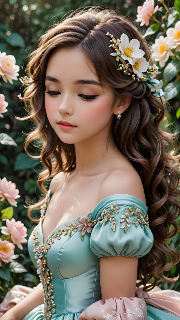 a (((girls's face))), her eyes closed and head tilted, as if in calm contemplation, her features relaxed and at ease, evoking a sense of tranquility and elegance, beautiful, with a ball gown made of flowers, her hair curled around her shoulder, magical, whimsical, perfect, sweet, gentle, loving, kind, revealing, demure