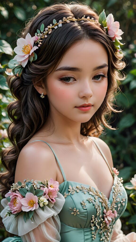 a (((girls's face))), her eyes closed and head tilted, as if in calm contemplation, her features relaxed and at ease, evoking a sense of tranquility and elegance, beautiful, with a ball gown made of flowers, her hair curled around her shoulder, magical, whimsical, perfect, sweet, gentle, loving, kind, revealing, demure