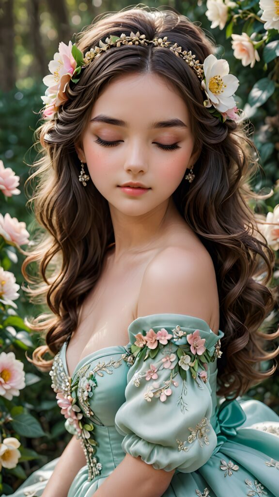 a (((girls's face))), her eyes closed and head tilted, as if in calm contemplation, her features relaxed and at ease, evoking a sense of tranquility and elegance, beautiful, with a ball gown made of flowers, her hair curled around her shoulder, magical, whimsical, perfect, sweet, gentle, loving, kind, revealing, demure