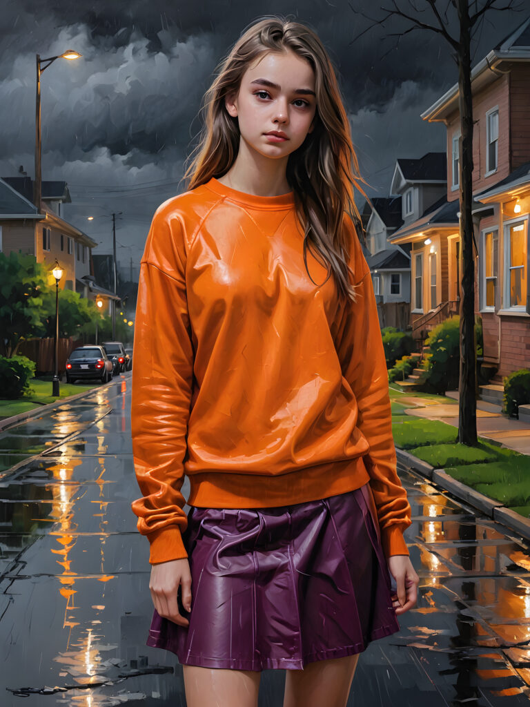 a gorgeous 19 year old teen girl wearing an orange satin sweatshirt and dark magenta black leather long skirt. Night rainy suburban landscape.