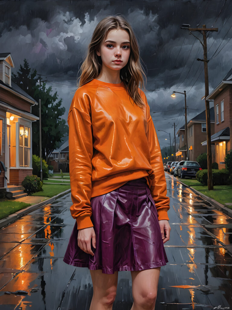 a gorgeous 19 year old teen girl wearing an orange satin sweatshirt and dark magenta black leather long skirt. Night rainy suburban landscape.