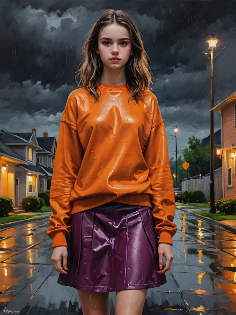 a gorgeous 19 year old teen girl wearing an orange satin sweatshirt and dark magenta black leather long skirt. Night rainy suburban landscape.