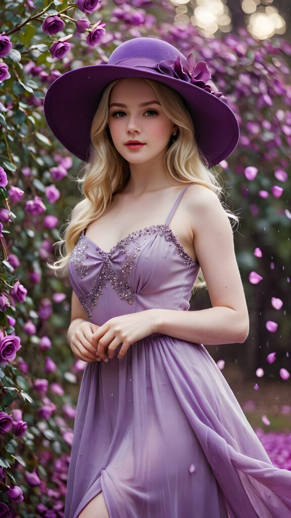 a (((gorgeous cute teengirl))) with (((pale white skin))), dressed in a (((classic purple long dress))), accessorizing with (((purple hat))), emanating an ethereal glow against a backdrop of (((softly falling purple rose petals))), capturing an air of mystery and splendor under the (ethereal glow of the night sky)