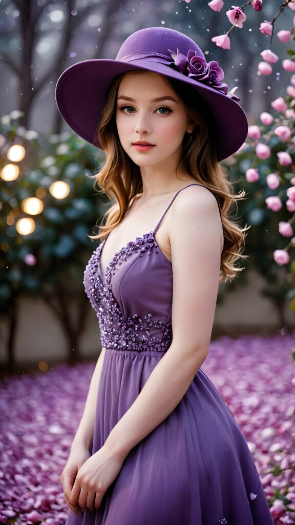 a (((gorgeous cute teengirl))) with (((pale white skin))), dressed in a (((classic purple long dress))), accessorizing with (((purple hat))), emanating an ethereal glow against a backdrop of (((softly falling purple rose petals))), capturing an air of mystery and splendor under the (ethereal glow of the night sky)