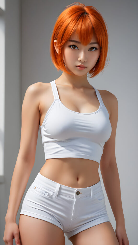 a gorgeous, ultra realistic (((Japanese female teen model))) in a full body shot, dressed in a form-fitting super low cut white crop top and round super short pants with sleek, detailed orange straight hair and perfect curved body. She has elegant styled bangs and realistic amber eyes that draw the viewer in. The image exudes an air of sophistication and cuteness, with a high level of detail that makes it a masterpiece. Captured at a high resolution with advanced lighting and shadow techniques, the scene oozes an aura of sophisticated beauty