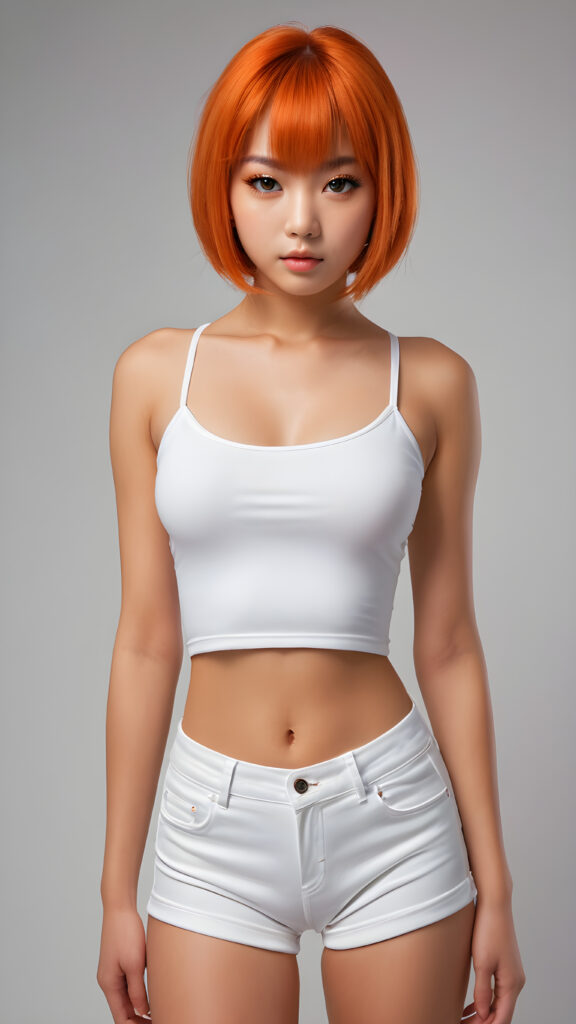 a gorgeous, ultra realistic (((Japanese female teen model))) in a full body shot, dressed in a form-fitting super low cut white crop top and round super short pants with sleek, detailed orange straight hair and perfect curved body. She has elegant styled bangs and realistic amber eyes that draw the viewer in. The image exudes an air of sophistication and cuteness, with a high level of detail that makes it a masterpiece. Captured at a high resolution with advanced lighting and shadow techniques, the scene oozes an aura of sophisticated beauty