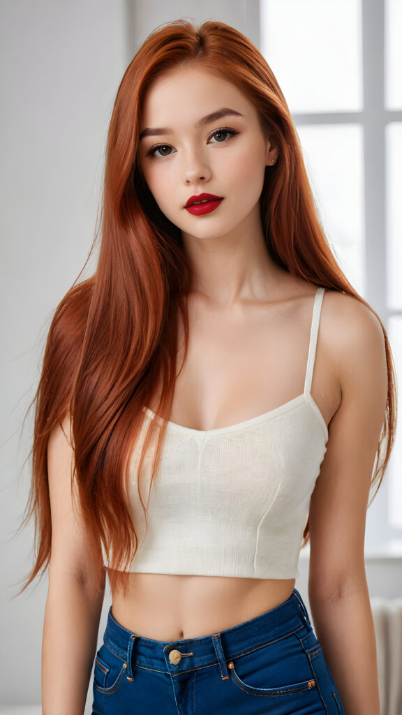 a (((gorgeous young perfectly curved teen model girl))), with (((copper-red straight very long soft hair))), featuring (((dark red full lips))), and a (((small flawless face))), with (((big round cheeks))), and a (((dreamlike beauty mark))), she wears a ((sleek and tight short crop top made of super fine wool)) and short jeans pants