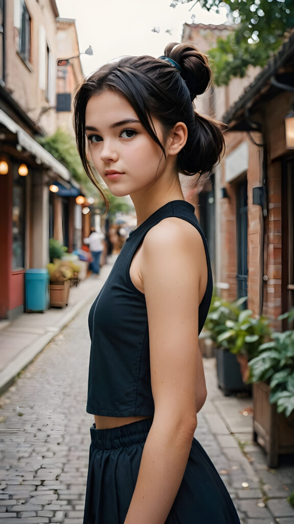 a (((gorgeous young teen girl))), age 15, with (((dark straight soft hair))), styled in a tomboy chic bun, wearing a (((curved body))), that exudes an (((impressively proportioned figure))), with (intricate, highly detailed) realistic anatomy, evoking a sense of (obscene, graphic novel-inspired fantasy)