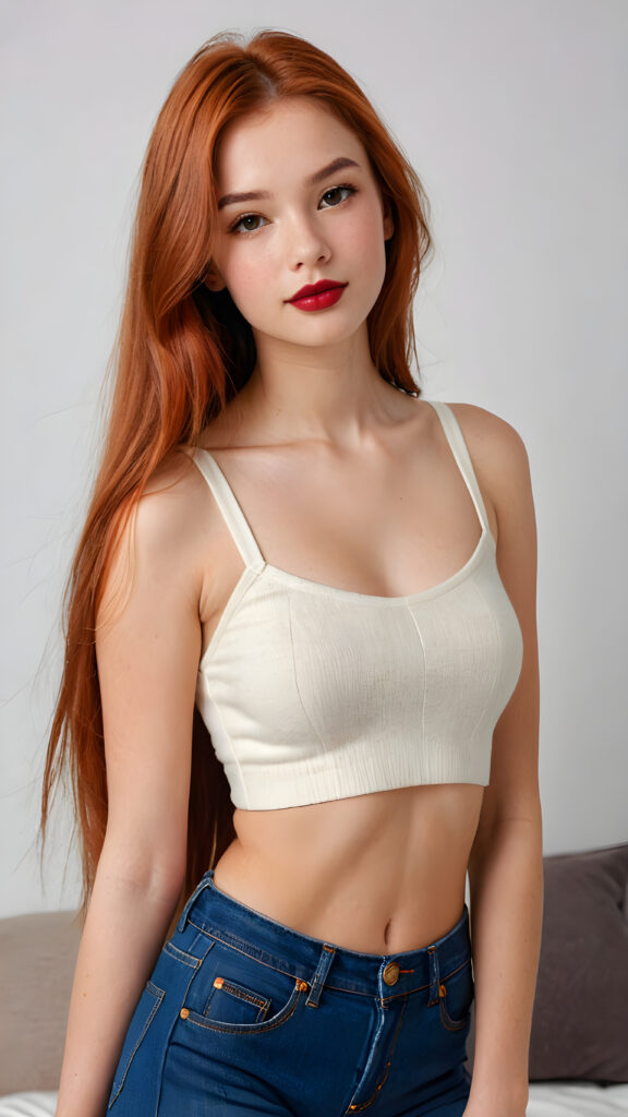 a (((gorgeous young perfectly curved teen model girl))), with (((copper-red straight very long soft hair))), featuring (((dark red full lips))), and a (((small flawless face))), with (((big round cheeks))), and a (((dreamlike beauty mark))), she wears a ((sleek and tight short crop top made of super fine wool)) and short jeans pants