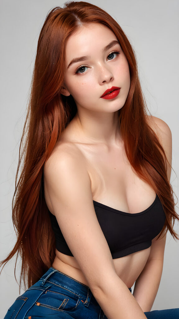 a (((gorgeous young teen model girl))), age 15, with (((copper-red straight very long soft hair))), featuring (((dark red lips))), and a (((small flawless face))), with (((big round cheeks))), and a (((dreamlike beauty mark))), she wears a ((sleek and tight crop top)) and short jeans pants