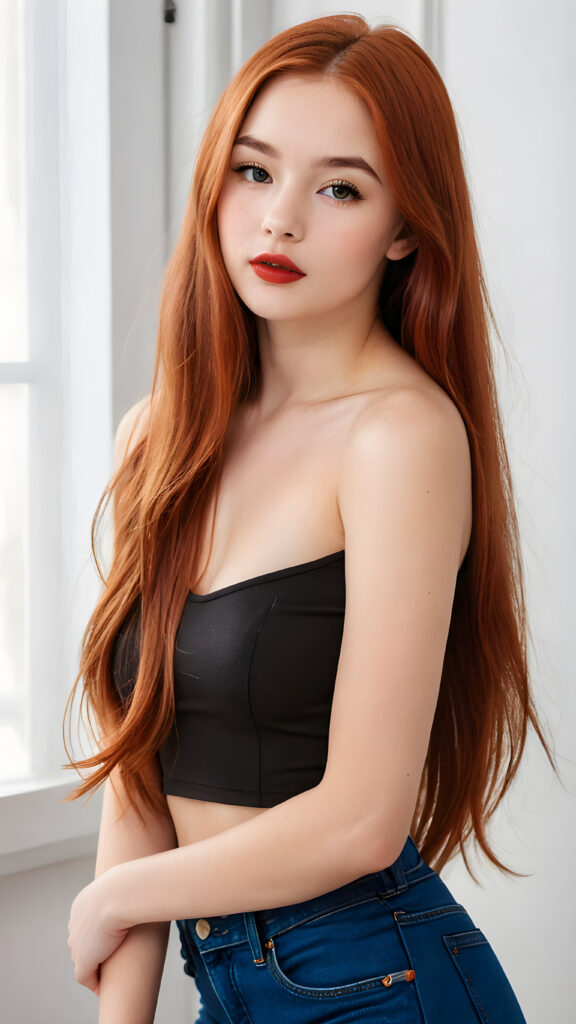 a (((gorgeous young teen model girl))), age 15, with (((copper-red straight very long soft hair))), featuring (((dark red lips))), and a (((small flawless face))), with (((big round cheeks))), and a (((dreamlike beauty mark))), she wears a ((sleek and tight crop top)) and short jeans pants