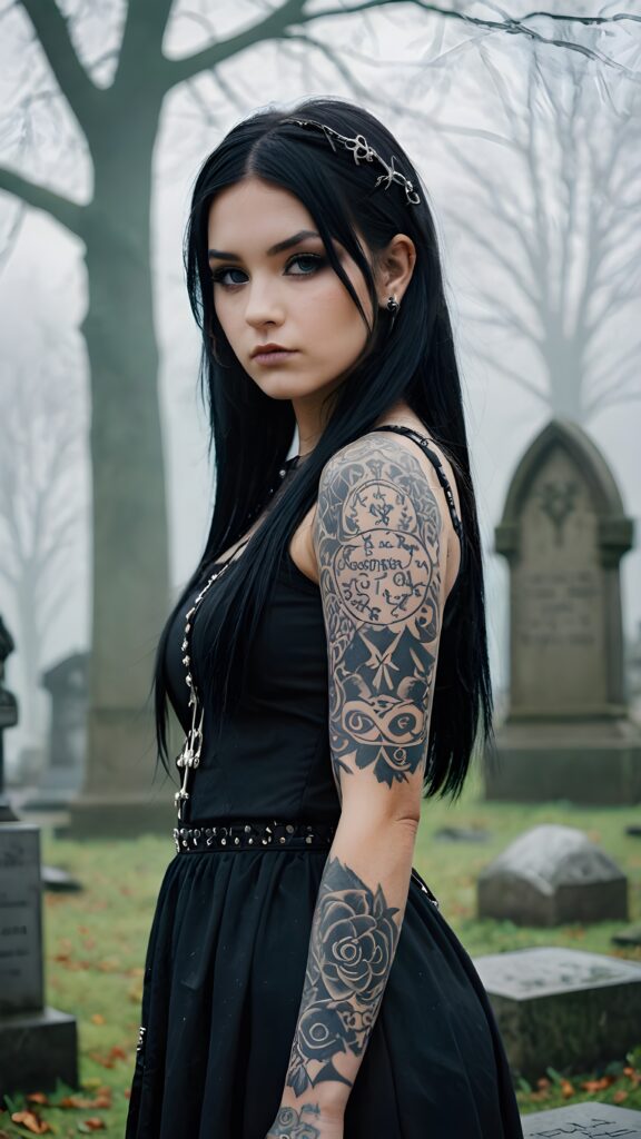 a (((gothic, heavily tattooed teenage girl))), with long, straight soft black hair and a melancholic expression, posing confidently against a (backdrop of gravestones and foggy surroundings)