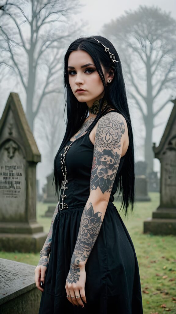 a (((gothic, heavily tattooed teenage girl))), with long, straight soft black hair and a melancholic expression, posing confidently against a (backdrop of gravestones and foggy surroundings)