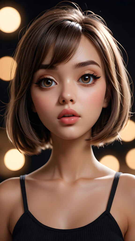 a graphic novel character design, featuring a (((beautiful girl))) with a (((bob cut hair style))), with (((big eyes))), (((perfect hands))), and (((perfect fingers))), with (((big, prominent lips))), and (((glowing, hyper-realistic lips))), accompanied by (((volumetric lighting))) that bring out the (masterpiece) details, all against a (plain, dark backdrop) that focuses on the (face) and its intricate, (hyper-realistic) features, captures the essence of (digital art), ((black dressed in an short tank top))