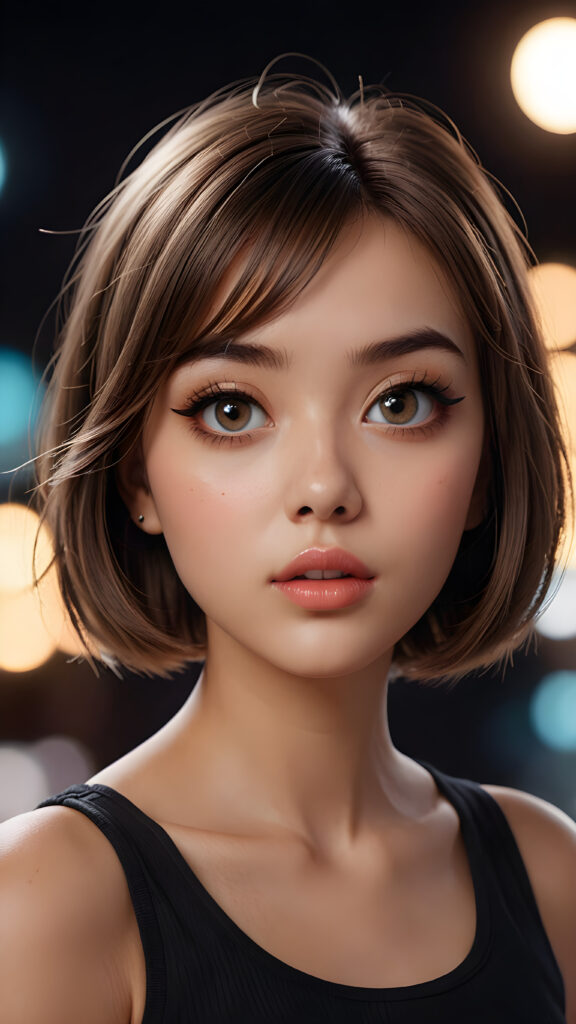 a graphic novel character design, featuring a (((beautiful girl))) with a (((bob cut hair style))), with (((big eyes))), (((perfect hands))), and (((perfect fingers))), with (((big, prominent lips))), and (((glowing, hyper-realistic lips))), accompanied by (((volumetric lighting))) that bring out the (masterpiece) details, all against a (plain, dark backdrop) that focuses on the (face) and its intricate, (hyper-realistic) features, captures the essence of (digital art), ((black dressed in an short tank top))