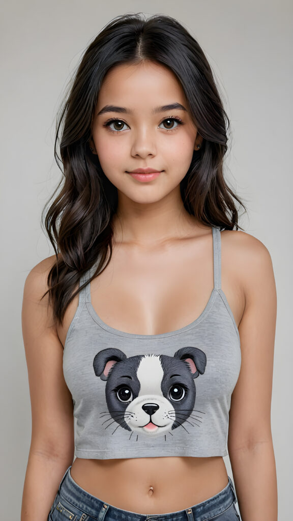 a hand drawing picture from a young teen girl, super realistic, detailed face, perfect curved body, straight obsidian black long soft hair, ((short grey crop tank top)), looks at the camera