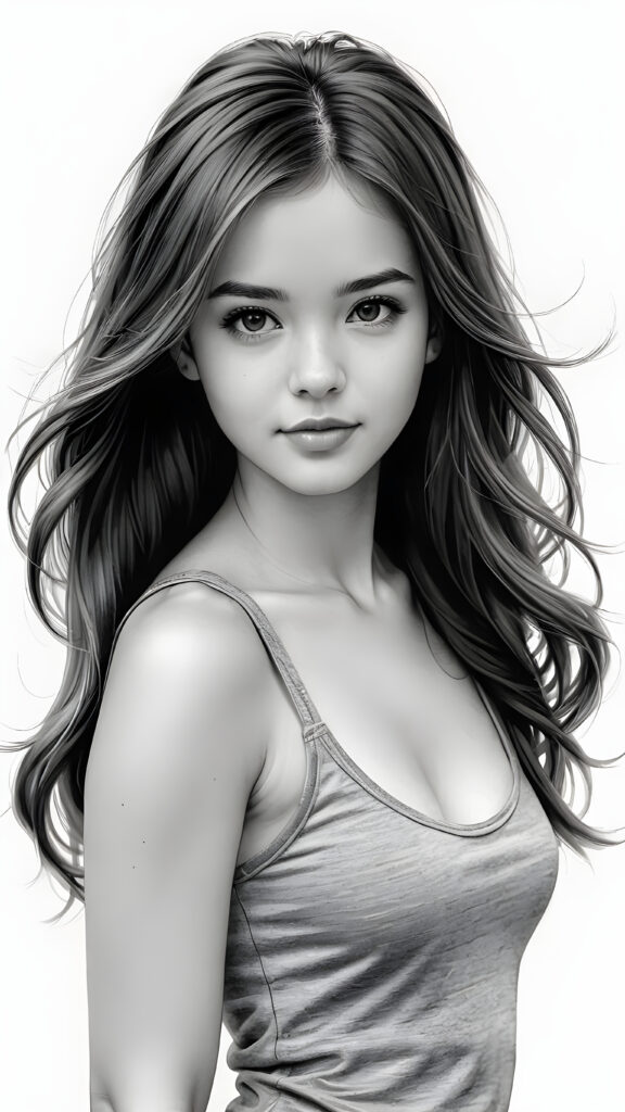 a hand drawing from a young gorgeous stunning girl in an plain grey tank top, long soft hair