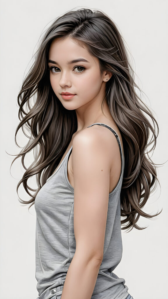 a hand drawing from a young gorgeous stunning girl in an plain grey tank top, long soft hair