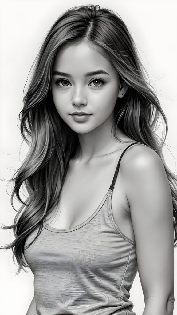 a hand drawing from a young gorgeous stunning girl in an plain grey tank top, long soft hair