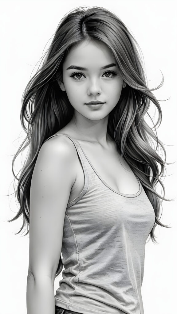 a hand drawing from a young gorgeous stunning girl in an plain grey tank top, long soft hair