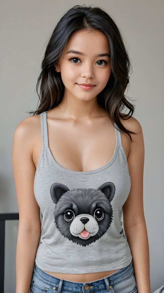 a hand drawing picture from a young teen girl, super realistic, detailed face, perfect curved body, straight obsidian black long soft hair, ((short grey crop tank top)), looks at the camera