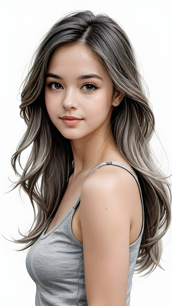 a hand drawing from a young gorgeous stunning girl in an plain grey tank top, long soft hair