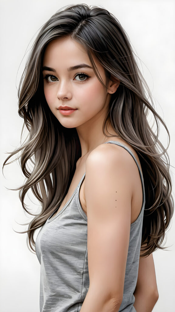 a hand drawing from a young gorgeous stunning girl in an plain grey tank top, long soft hair