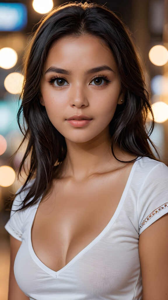 a high detailed and realistic portrait from a tanned young well busty cute Indigenous girl, realistic black long jet hair, round face, white short t-shirt with a deep v-neck, detailed dark and shiny eyes, full lips, perfect skin, makeup, perfect curvy body