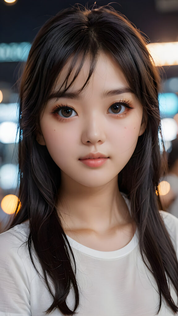 a high detailed and realistic portrait from a korean girl, realistic black long jet hair, korean style bangs, round face, white short t-shirt, detailed dark and shiny eyes, full lips, perfect skin, makeup