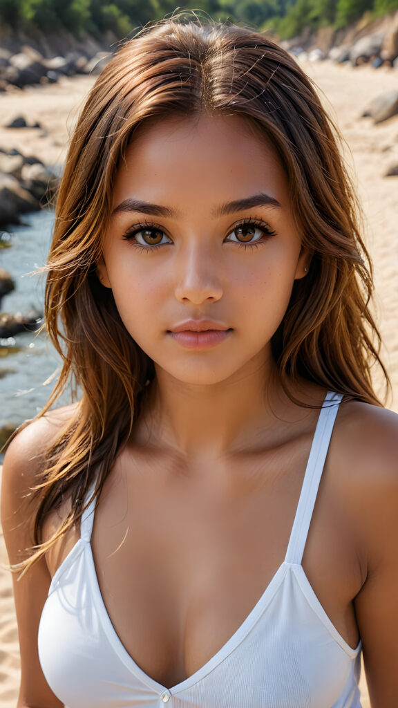 a high detailed and realistic portrait from a tanned young cute Indigenous girl, realistic gold-brown long jet hair, round face, white short tank top with a deep v-neck, detailed dark and shiny eyes, full lips, perfect skin, makeup, perfect curvy body, view from above