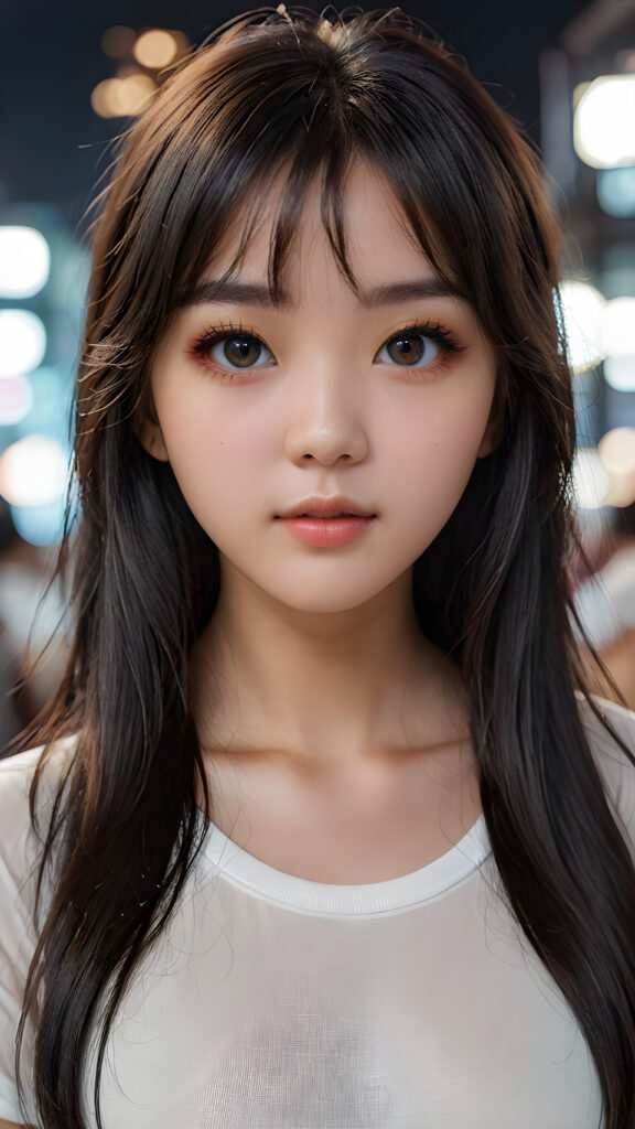 a high detailed and realistic portrait from a korean girl, realistic black long jet hair, korean style bangs, round face, white short t-shirt, detailed dark and shiny eyes, full lips, perfect skin, makeup