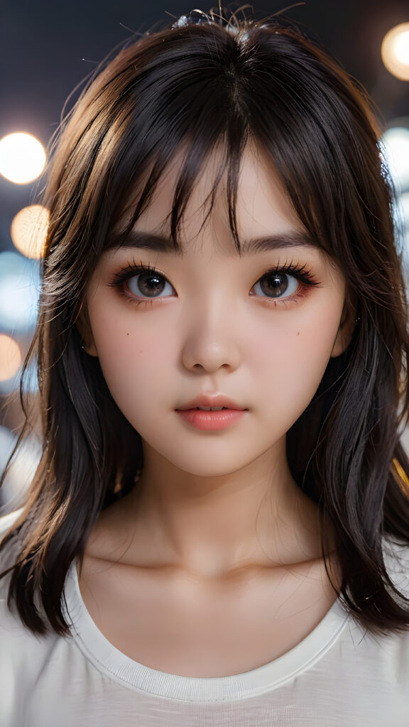 a high detailed and realistic portrait from a korean girl, realistic black long jet hair, korean style bangs, round face, white short t-shirt, detailed dark and shiny eyes, full lips, perfect skin, makeup