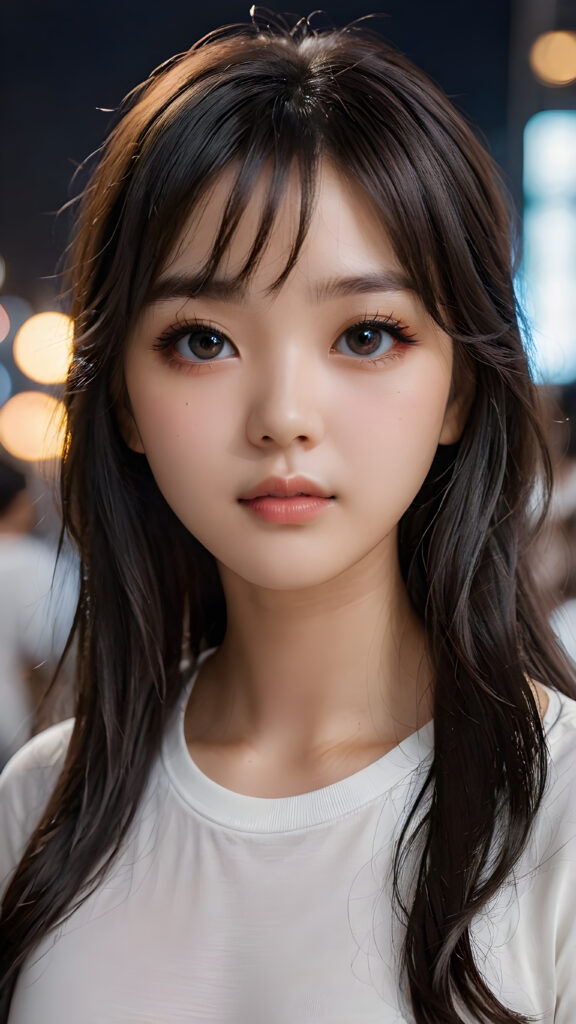 a high detailed and realistic portrait from a korean girl, realistic black long jet hair, korean style bangs, round face, white short t-shirt, detailed dark and shiny eyes, full lips, perfect skin, makeup