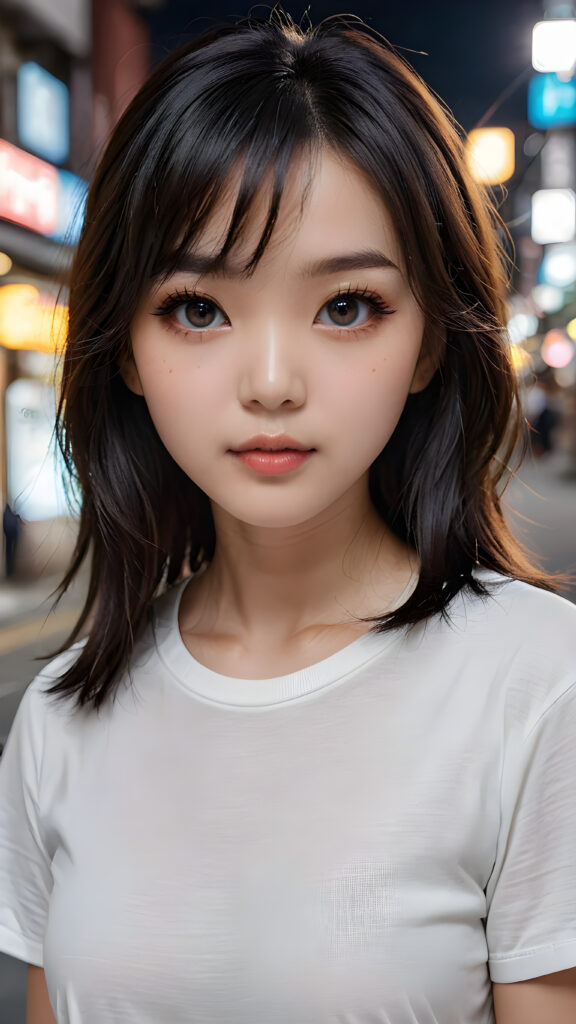 a high detailed and realistic portrait from a korean girl, realistic black long jet hair, korean style bangs, round face, white short t-shirt, detailed dark and shiny eyes, full lips, perfect skin, makeup