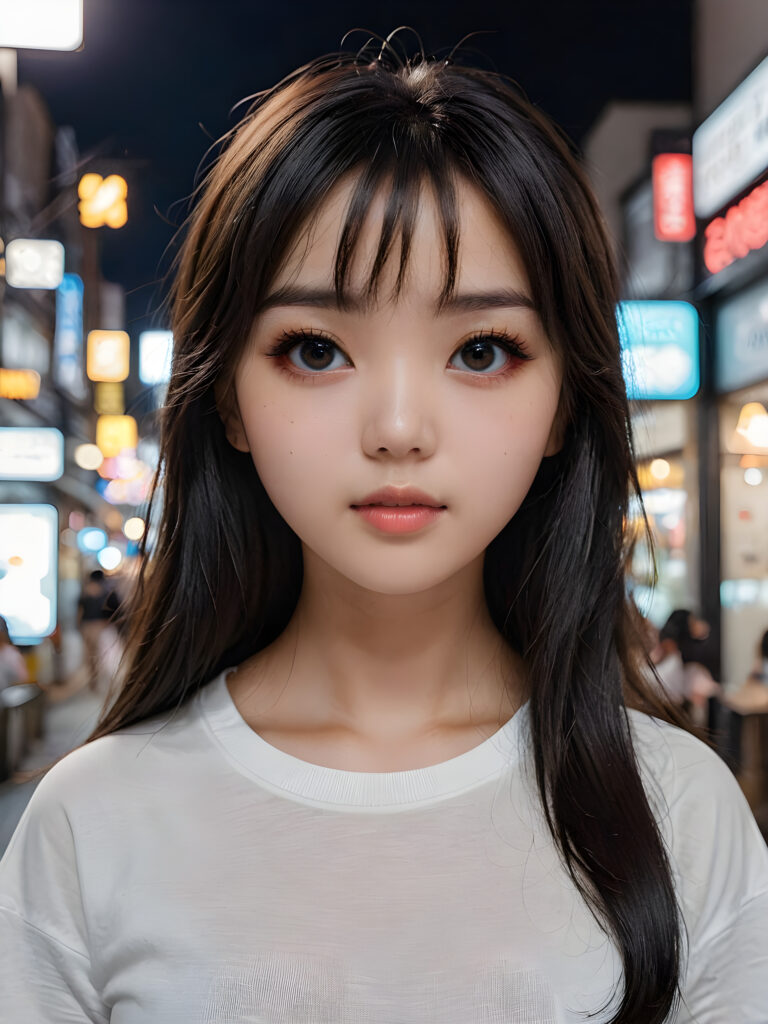 a high detailed and realistic portrait from a korean girl, realistic black long jet hair, korean style bangs, round face, white short t-shirt, detailed dark and shiny eyes, full lips, perfect skin, makeup