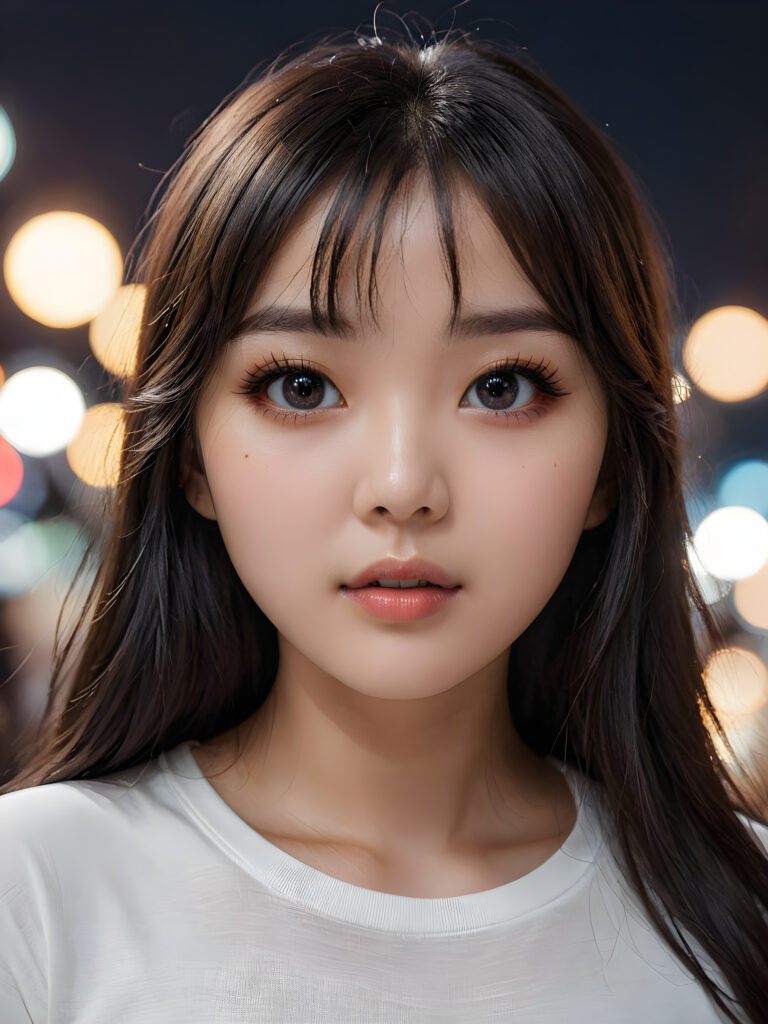 a high detailed and realistic portrait from a korean girl, realistic black long jet hair, korean style bangs, round face, white short t-shirt, detailed dark and shiny eyes, full lips, perfect skin, makeup