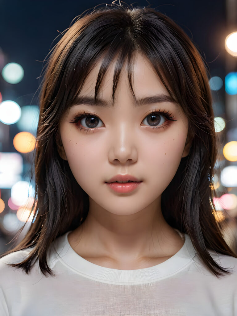 a high detailed and realistic portrait from a korean girl, realistic black long jet hair, korean style bangs, round face, white short t-shirt, detailed dark and shiny eyes, full lips, perfect skin, makeup