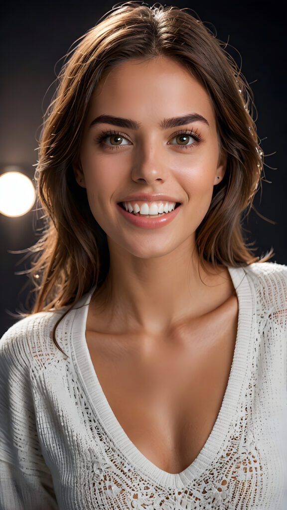 a high quality (((detailed full body photograph))), featuring a (((super realistic face))) with intricate details and perfect proportions, complemented by (((straight white teeth and a slightly open mouth))), (((beautifully detailed, symmetrical eyes))), that give the impression of being 'perfectly matched and coordinated', as if taken on a (professional studio setting). The expression is calm and natural. She wears a plain white sweatshirt, emphasizing her perfect shape and making it seem almost surreal. The focus is on her full body, with a hint of her lips and a small amount of chest showing under the shirt's edge. The background is a dark wall, with lights on her face and a small amount of light reflecting off the shirt's texture. The overall look is both playful and sophisticated, with an emphasis on her face and its perfect details.