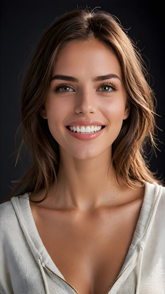 a high quality (((detailed full body photograph))), featuring a (((super realistic face))) with intricate details and perfect proportions, complemented by (((straight white teeth and a slightly open mouth))), (((beautifully detailed, symmetrical eyes))), that give the impression of being 'perfectly matched and coordinated', as if taken on a (professional studio setting). The expression is calm and natural. She wears a plain white sweatshirt, emphasizing her perfect shape and making it seem almost surreal. The focus is on her full body, with a hint of her lips and a small amount of chest showing under the shirt's edge. The background is a dark wall, with lights on her face and a small amount of light reflecting off the shirt's texture. The overall look is both playful and sophisticated, with an emphasis on her face and its perfect details.