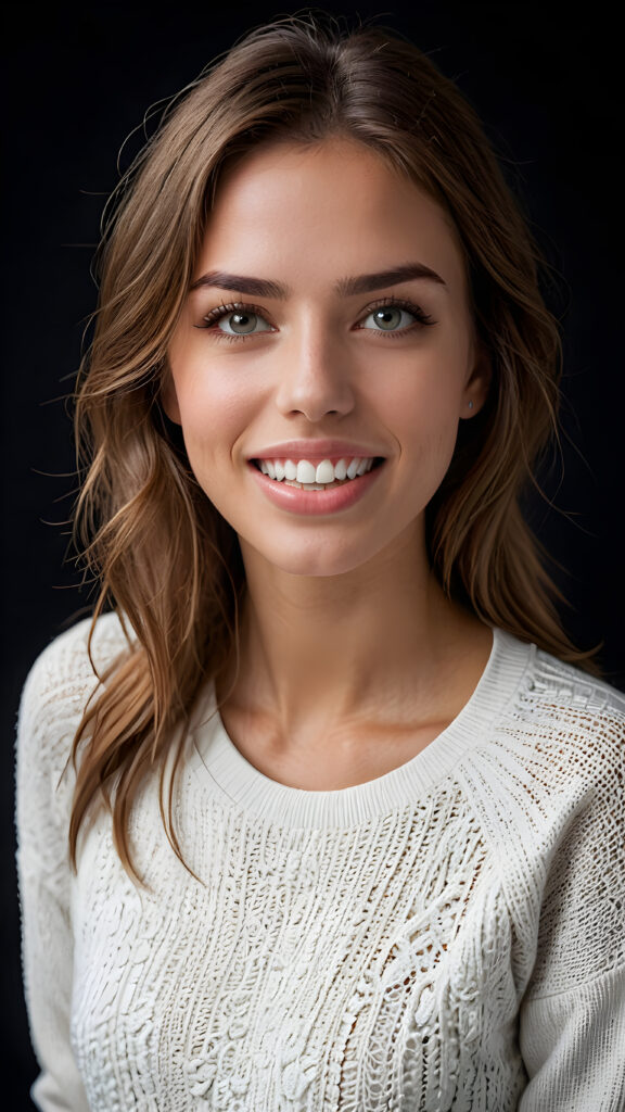 a high quality (((detailed full body photograph))), featuring a (((super realistic face))) with intricate details and perfect proportions, complemented by (((straight white teeth and a slightly open mouth))), (((beautifully detailed, symmetrical eyes))), that give the impression of being 'perfectly matched and coordinated', as if taken on a (professional studio setting). The expression is calm and natural. She wears a plain white sweatshirt, emphasizing her perfect shape and making it seem almost surreal. The focus is on her full body, with a hint of her lips and a small amount of chest showing under the shirt's edge. The background is a dark wall, with lights on her face and a small amount of light reflecting off the shirt's texture. The overall look is both playful and sophisticated, with an emphasis on her face and its perfect details.