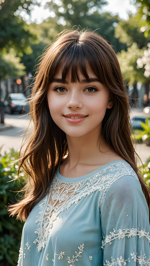 a high quality (((detailed full body photograph))), featuring a (((super realistic face))) with intricate details and perfect proportions, a very young teen girl, long soft straight hair in bangs cut, full lips, smile, cute gorgeous