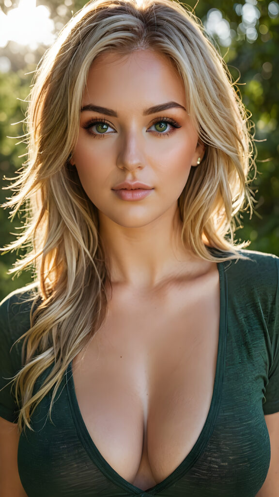 a ((high resolution)) photo, capturing a (((3/4 shot))) of a (((young busty girl))), long straight summer blonde hair, with ((intricate details around her eyes)), dressed in ((sexy thin t-shirt, deep v-neck, open front)), in a (subtly detailed, yet vividly realistic colors). Her ((skin glows)) against the ((sunny green)) backdrop, suggesting a whimsically romantic atmosphere